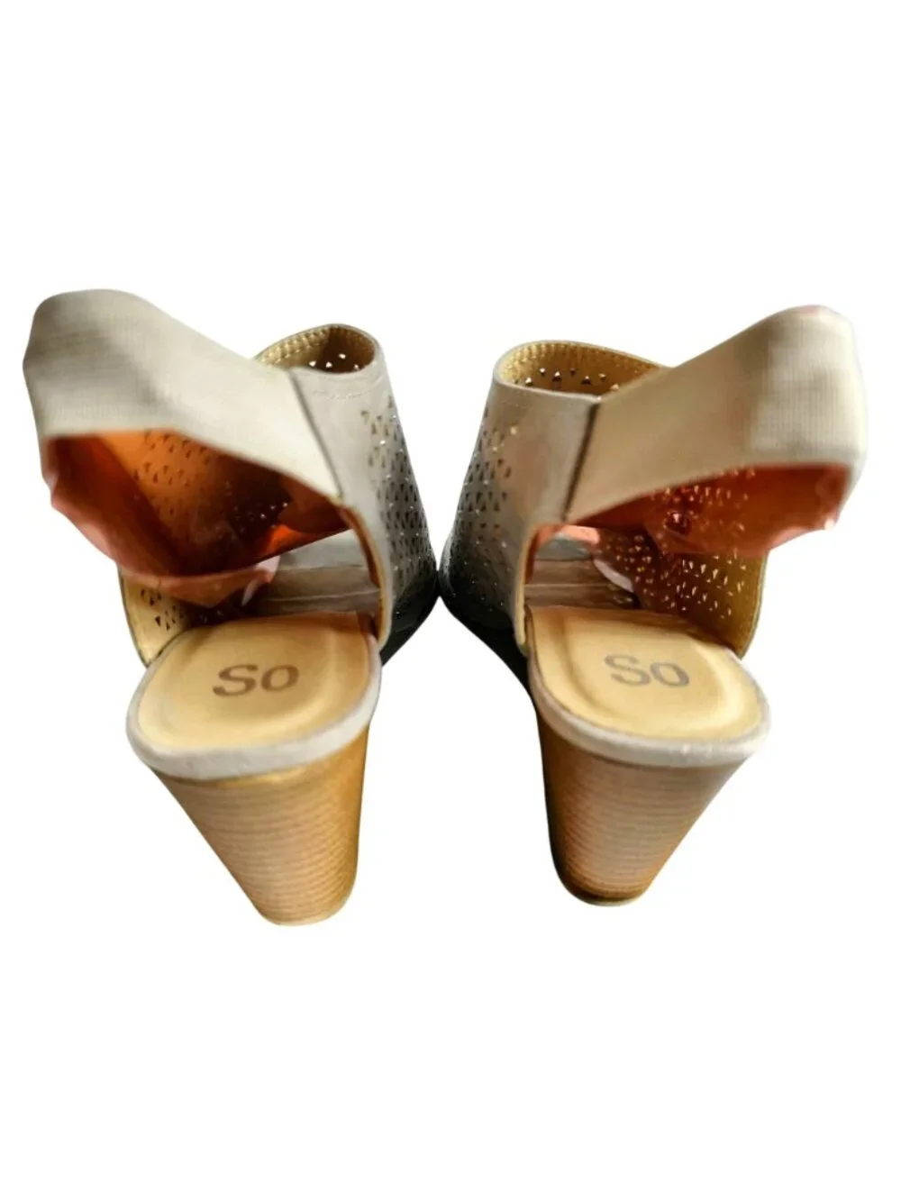 So Womens 9 Wedge Sandals Beige Studded Perforated Slingback Peep Toe 3